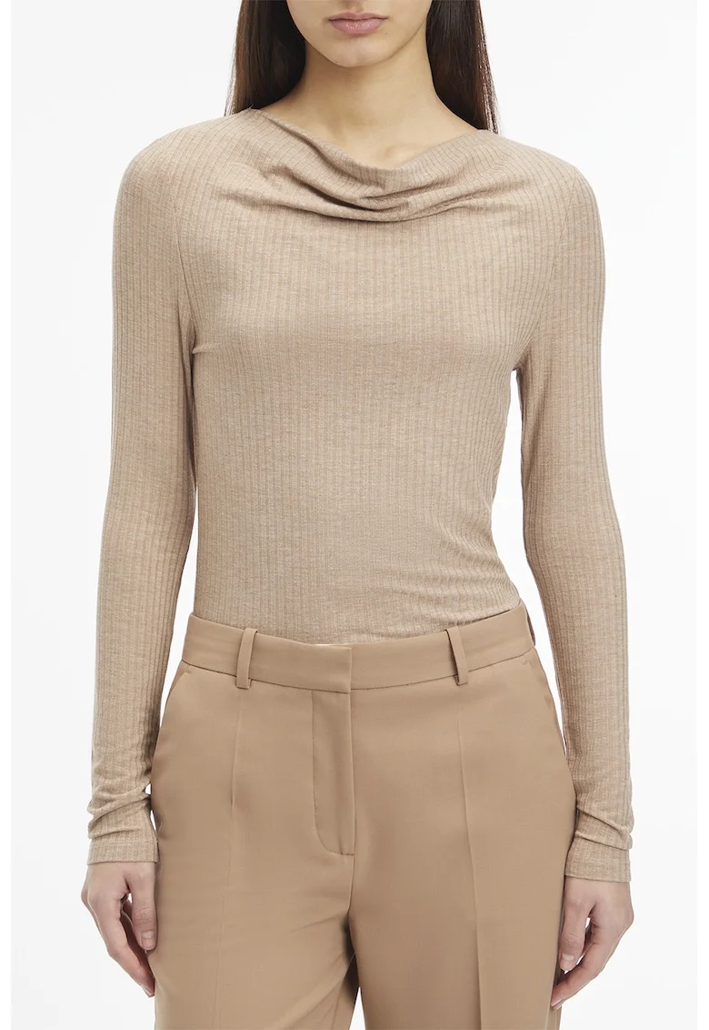 Bluza striata cu decolteu drapat, Bej