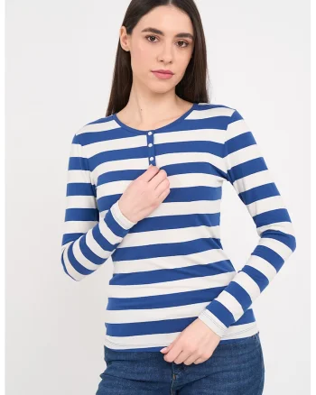 Bluza cu model in dungi si fenta scurta cu capse, Alb/Albastru royal