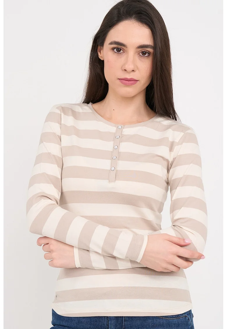 Bluza cu model in dungi si fenta scurta cu capse, Alb/Bej inchis