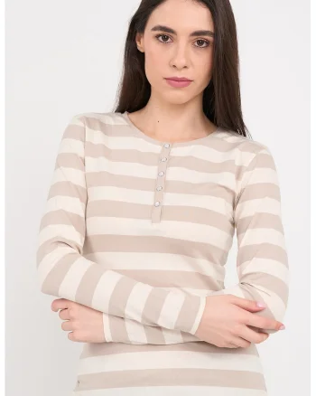 Bluza cu model in dungi si fenta scurta cu capse, Alb/Bej inchis