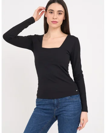 Bluza slim fit cu decolteu patrat, Negru
