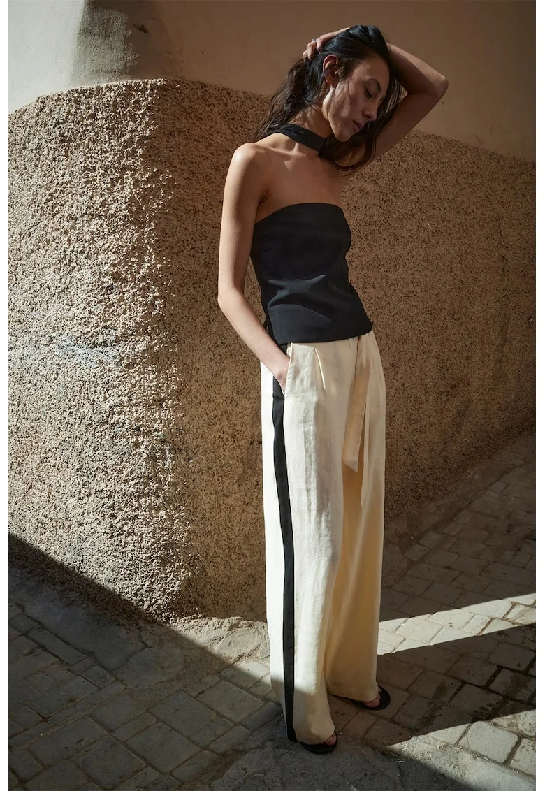 Pantaloni din in cu croiala ampla si cordon in talie, Bej deschis