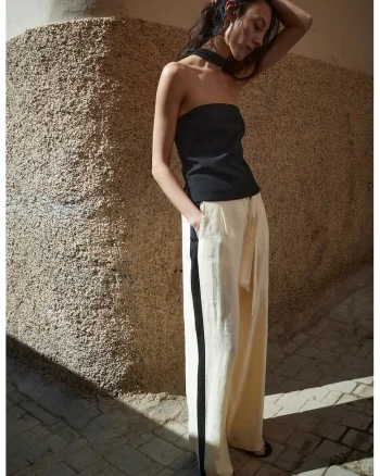 Pantaloni din in cu croiala ampla si cordon in talie, Bej deschis