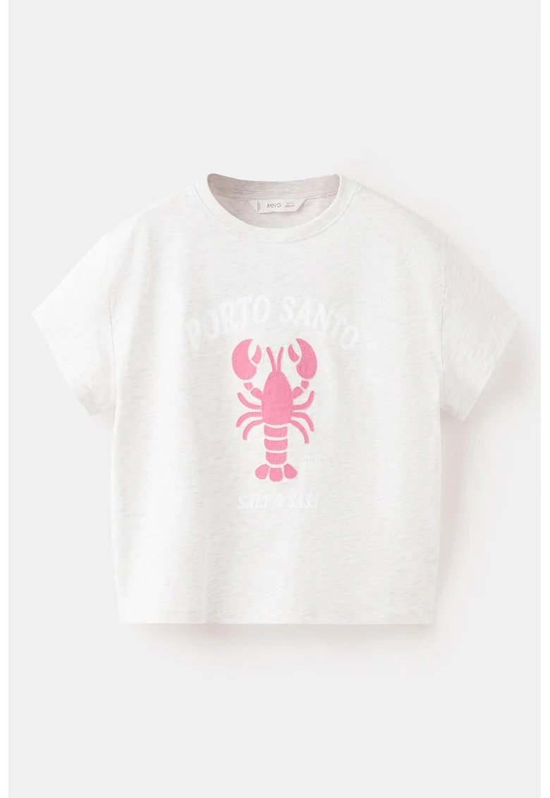 Tricou cu decolteu la baza gatului si imprimeu text, Fucsia/Gri deschis melange