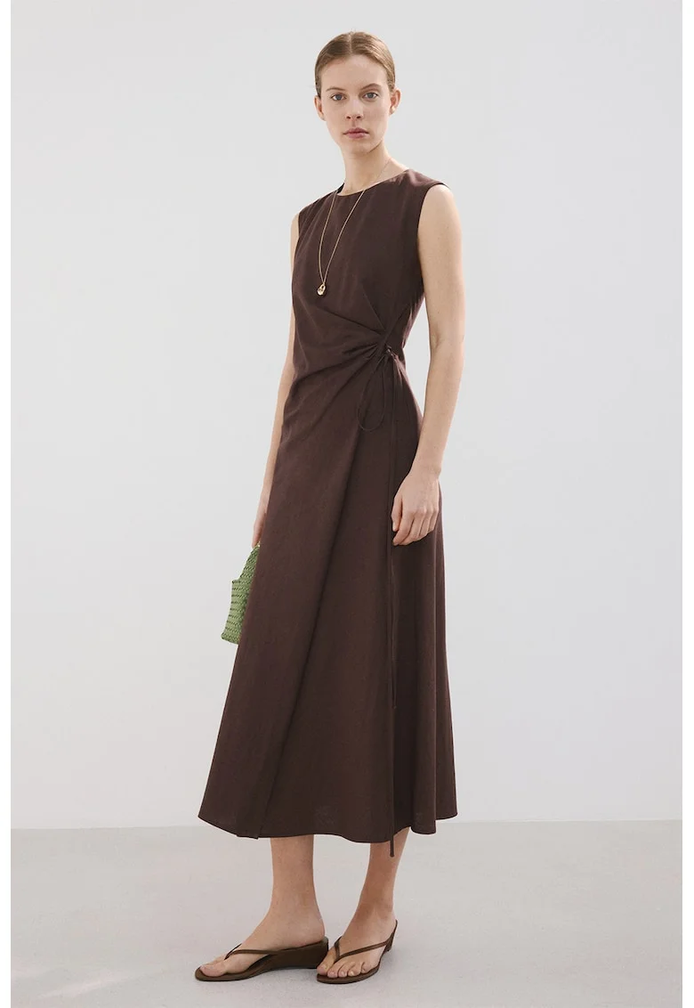 Rochie midi din amestec de in, Maro