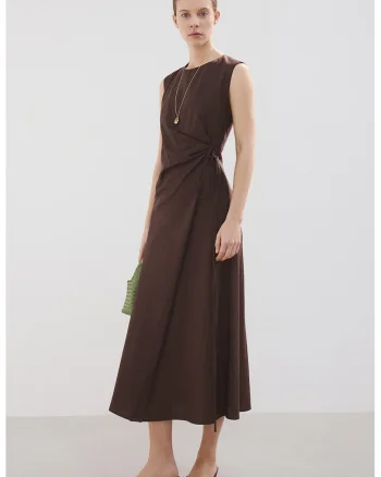 Rochie midi din amestec de in, Maro