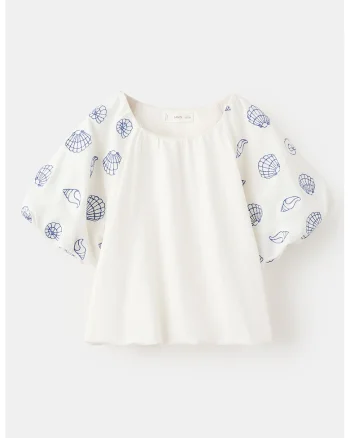 Bluza de bumbac cu maneci cu broderii, Alb murdar/Albastru