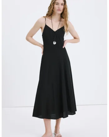 Rochie midi din amestec de in, Negru