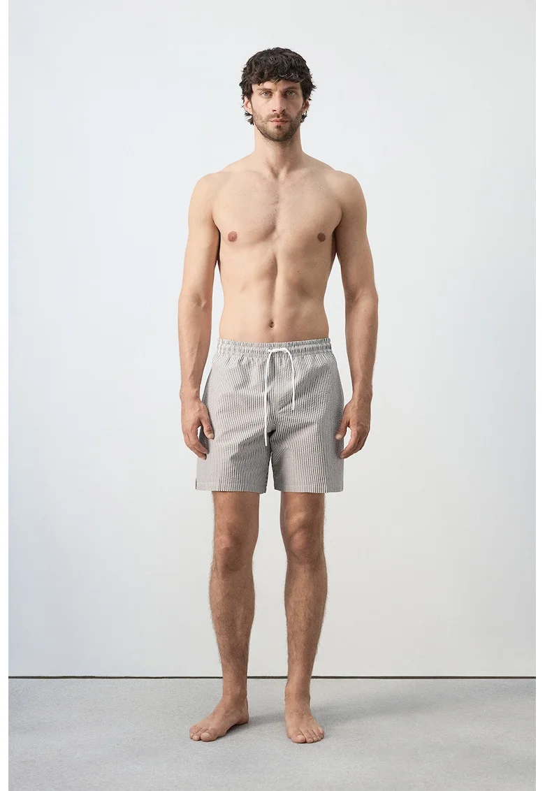 Pantaloni scurti de baie din amestec de bumbac cu talie ajustabila, Alb/Maro