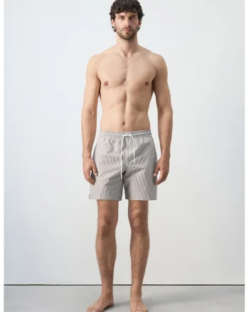 Pantaloni scurti de baie din amestec de bumbac cu talie ajustabila, Alb/Maro