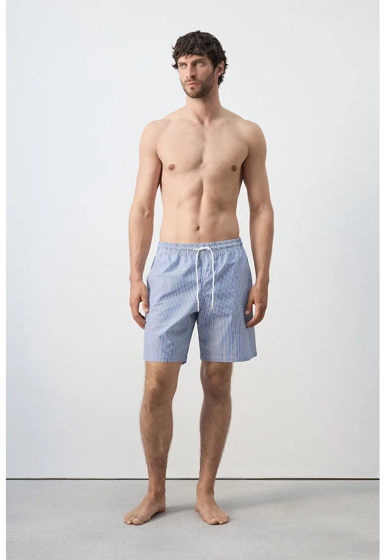 Pantaloni scurti de baie din amestec de bumbac cu talie ajustabila, Alb/Albastru