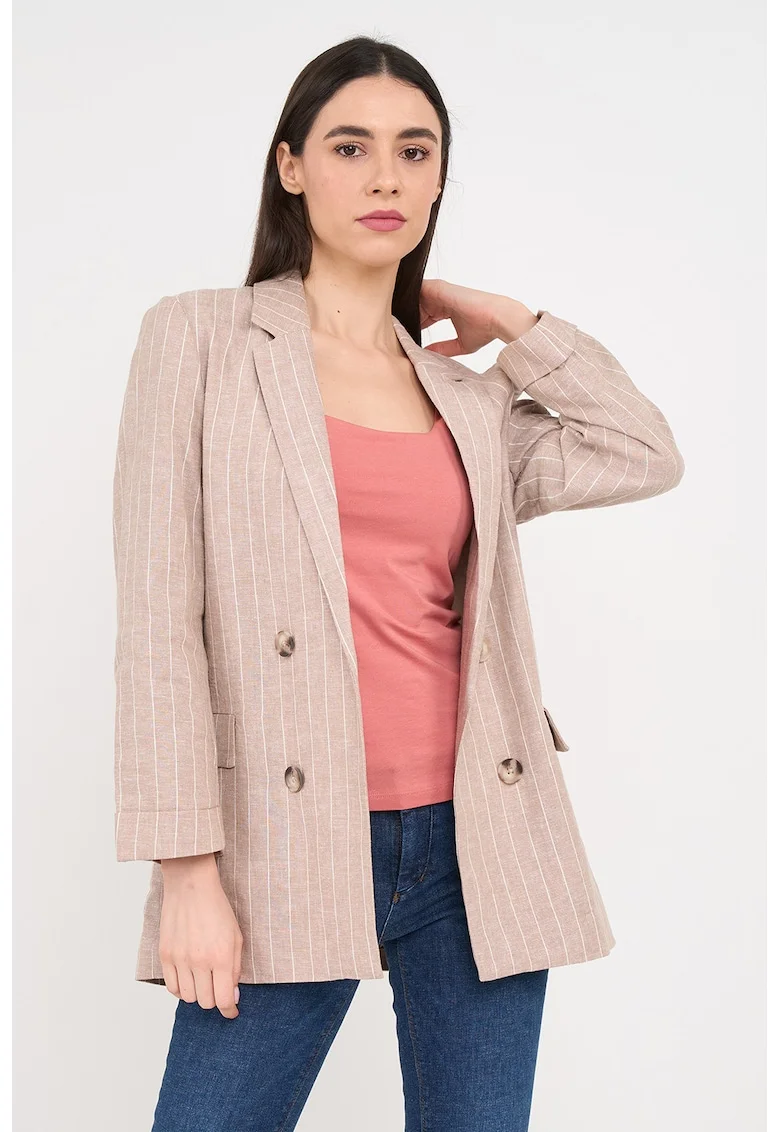 Sacou din amestec de in cu model in dungi, Alb/Bej