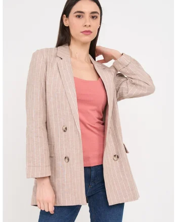 Sacou din amestec de in cu model in dungi, Alb/Bej