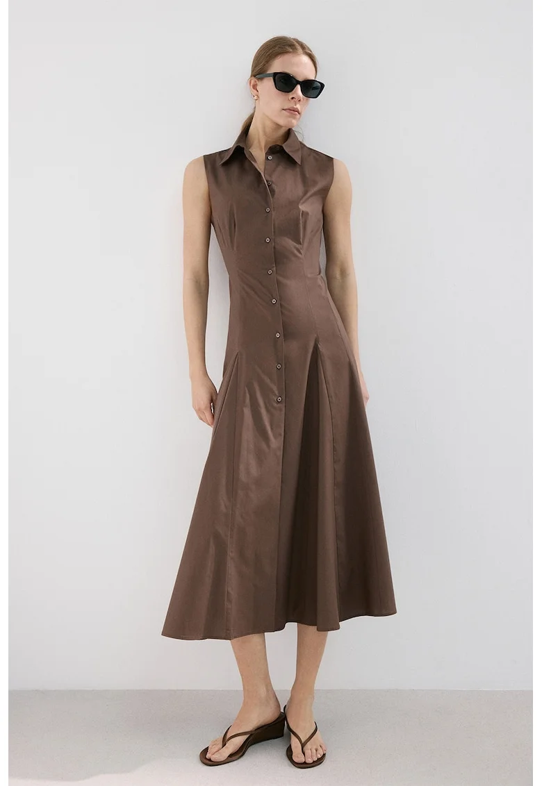 Rochie-camasa din amestec de lyocell fara maneci, Maro