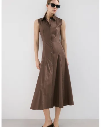 Rochie-camasa din amestec de lyocell fara maneci, Maro