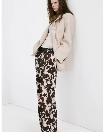 Pantaloni cu croiala dreapta si model floral, Maro inchis/Bej deschis