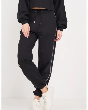 Pantaloni de trening cu snur de ajustare si buzunare laterale, Alb/Negru
