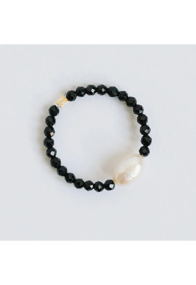 Inel handmade, realizat din pietre semipretioase turmalina, perla de cultura si accesoriu de inchidere argint925