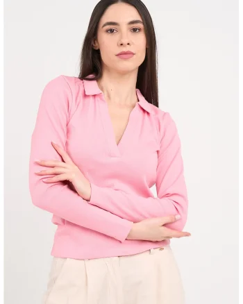Bluza slim fit striata cu guler polo, Roz pastel