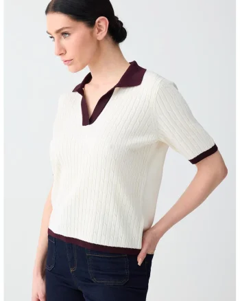 Tricou polo tricotat fin, Alb/Visiniu