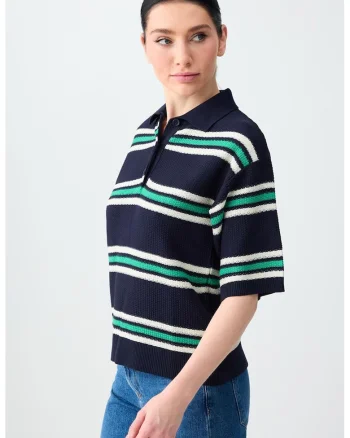 Tricou polo cu dungi, Alb/Verde/Bleumarin