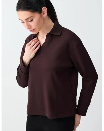 Bluza polo din amestec de modal cu maneci cazute, Maro inchis