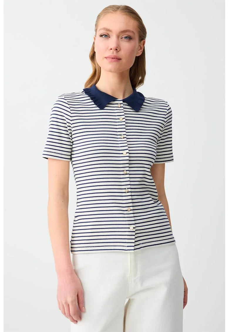 Bluza cambrata cu maneci scurte si nasturi, Alb/Albastru inchis