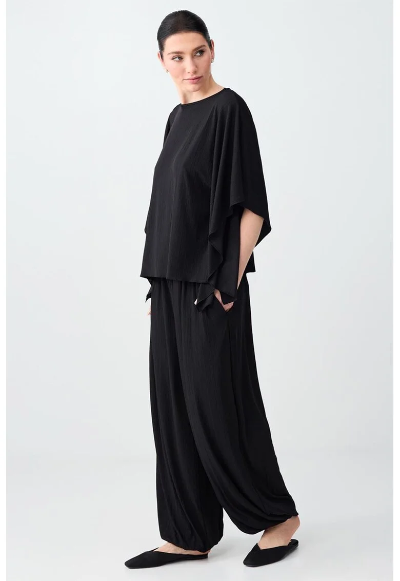 Pantaloni relaxed fit cu aspect striat, Negru