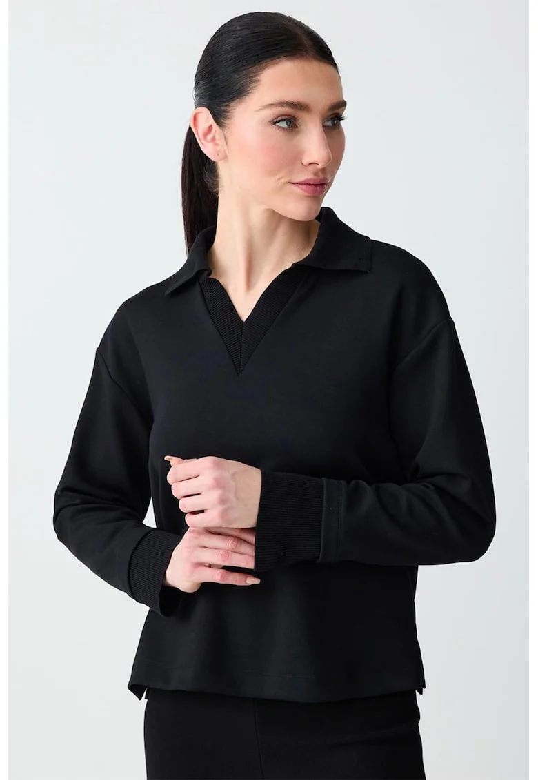 Bluza polo din amestec de modal cu maneci cazute, Negru