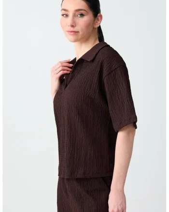 Bluza polo texturata cu maneci scurte, Maro inchis