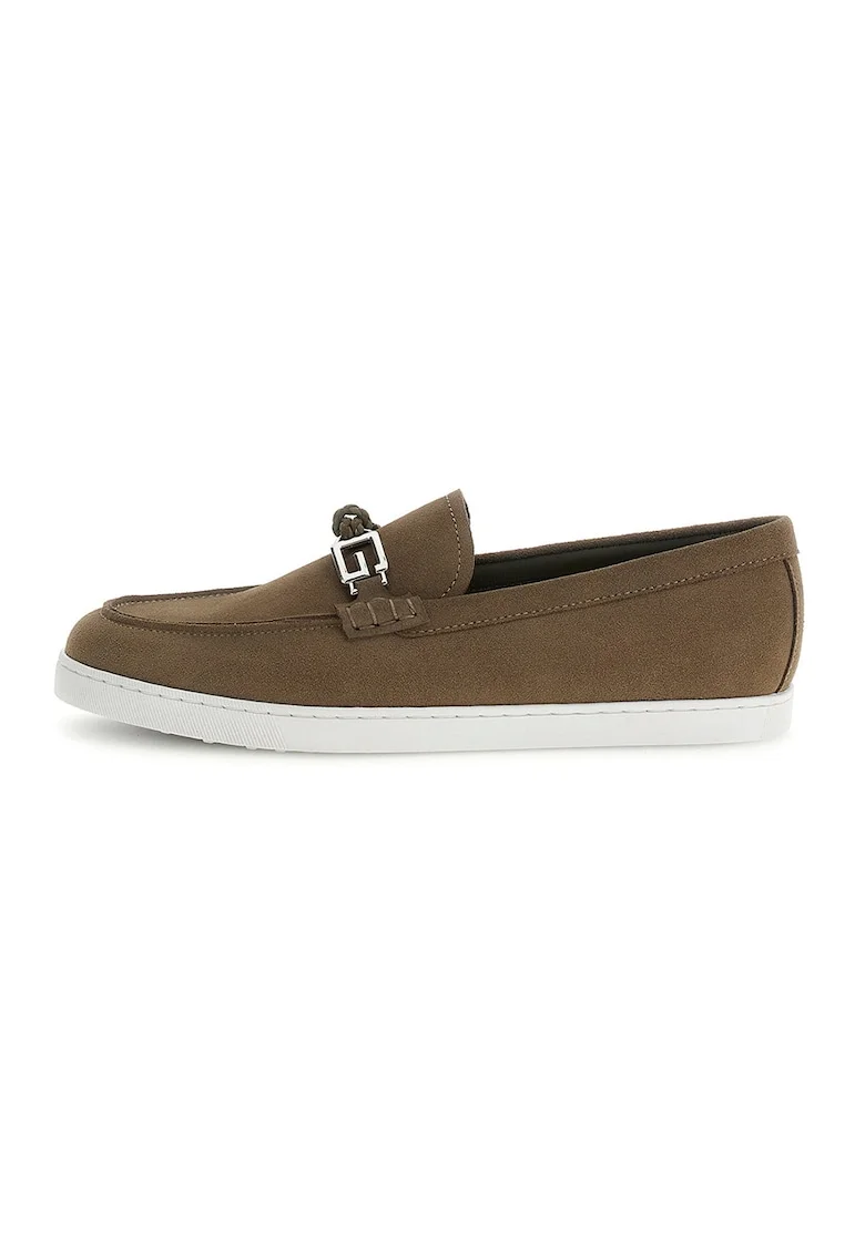 Pantofi loafer din piele intoarsa cu monograma metalica, Maro inchis