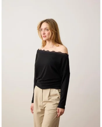 Bluza cu decolteu pe umeri si garnitura din dantela, Negru