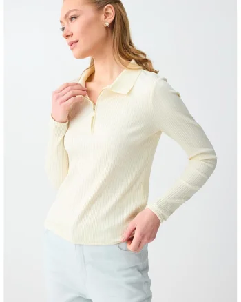 Bluza polo cu fermoar scurt, Galben pal