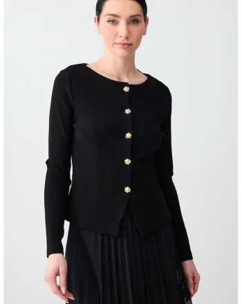 Cardigan cu nsaturi si decolteu rotund, Negru
