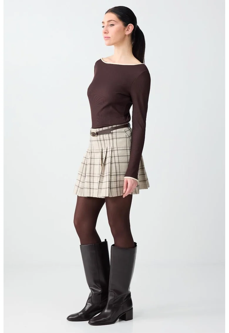 Fusta mini cu pliuri si model in carouri, Negru/Bej deschis