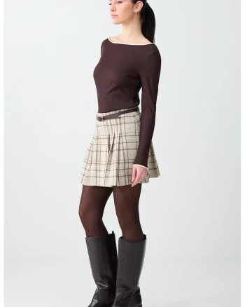 Fusta mini cu pliuri si model in carouri, Negru/Bej deschis