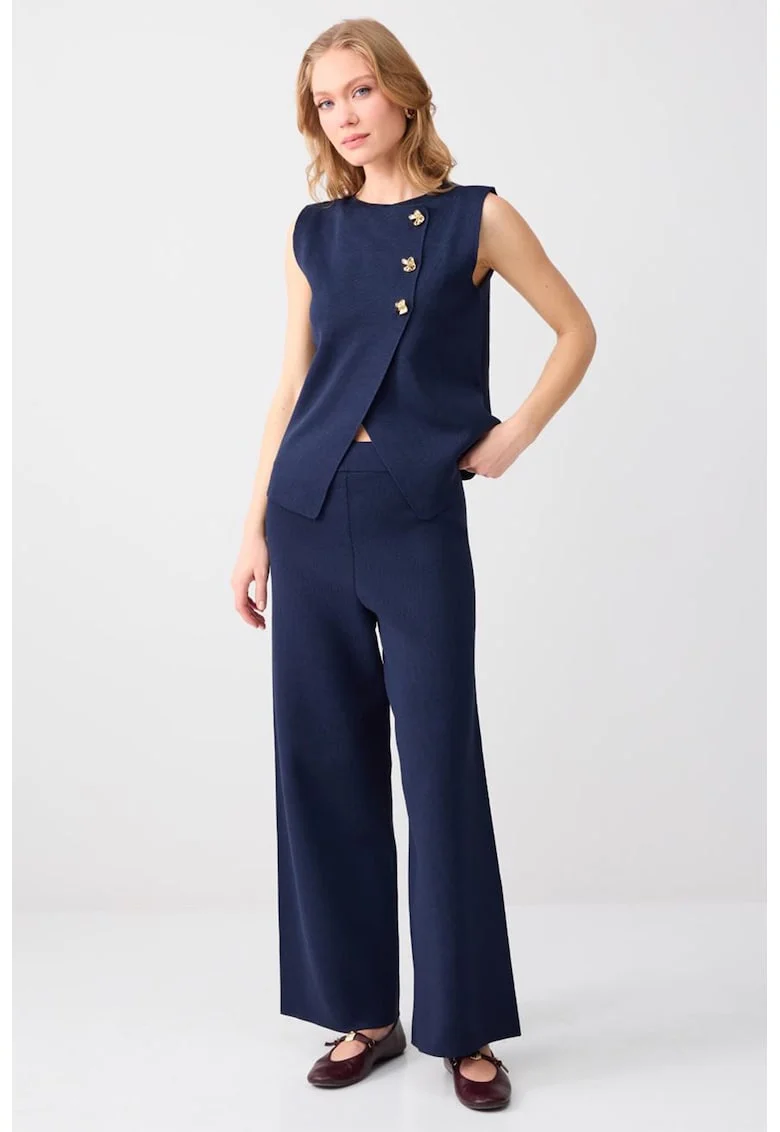 Pantaloni cu croiala ampla si talie medie, Bleumarin