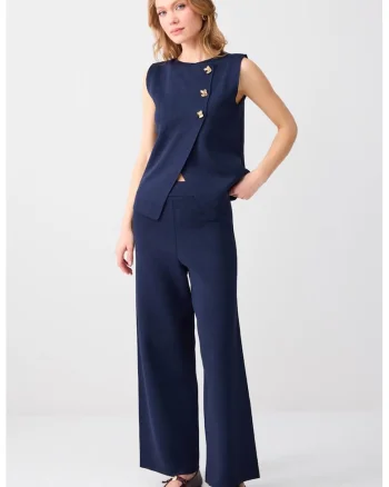 Pantaloni cu croiala ampla si talie medie, Bleumarin