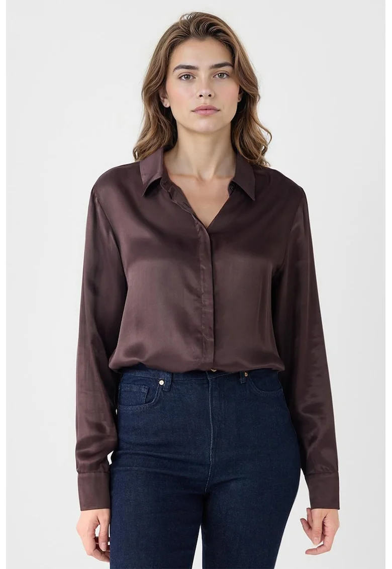 Camasa de satin cu guler clasic, Maro inchis
