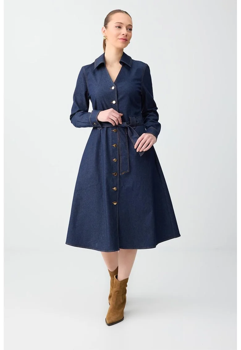 Rochie midi din denim cu cordon, Bleumarin
