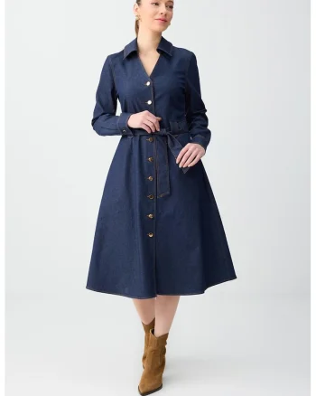 Rochie midi din denim cu cordon, Bleumarin