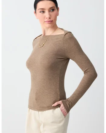 Bluza cambrata cu decolteu barcuta, Maro nisip