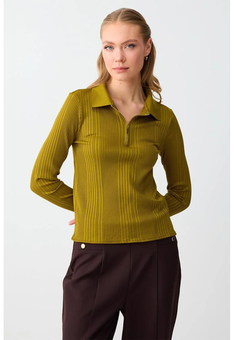 Bluza polo cu fermoar scurt, Verde masliniu