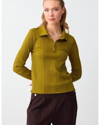 Bluza polo cu fermoar scurt, Verde masliniu