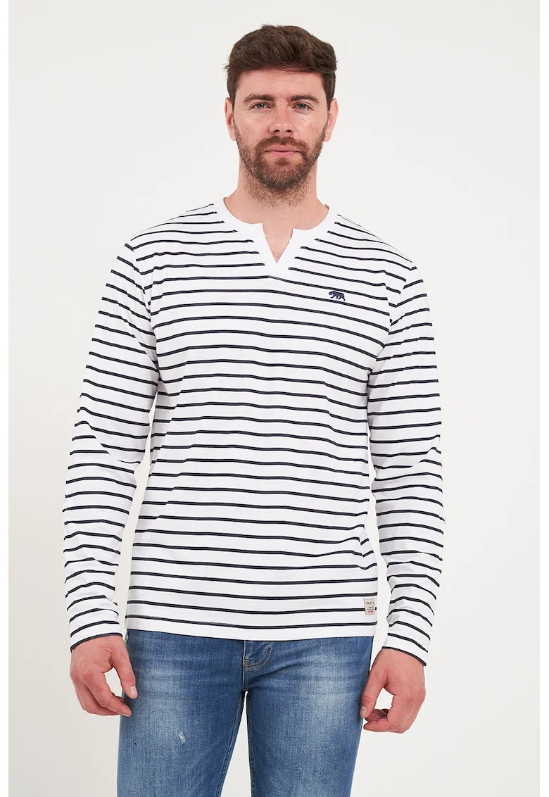 Bluza cu maneci lungi si model in dungi, Alb/Albastru ultramarin