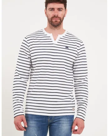 Bluza cu maneci lungi si model in dungi, Alb/Albastru ultramarin