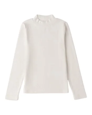 Bluza fete iDO din bumbac elastic reiat, guler inalt, Alb crem