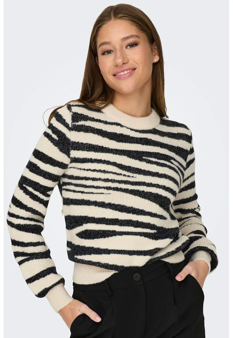 Pulover cu animal print si decolteu la baza gatului, Negru/Crem
