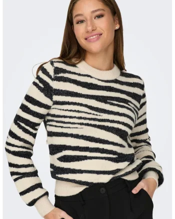 Pulover cu animal print si decolteu la baza gatului, Negru/Crem