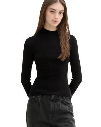 Pulover tricotat fin cu maneci raglan, Negru